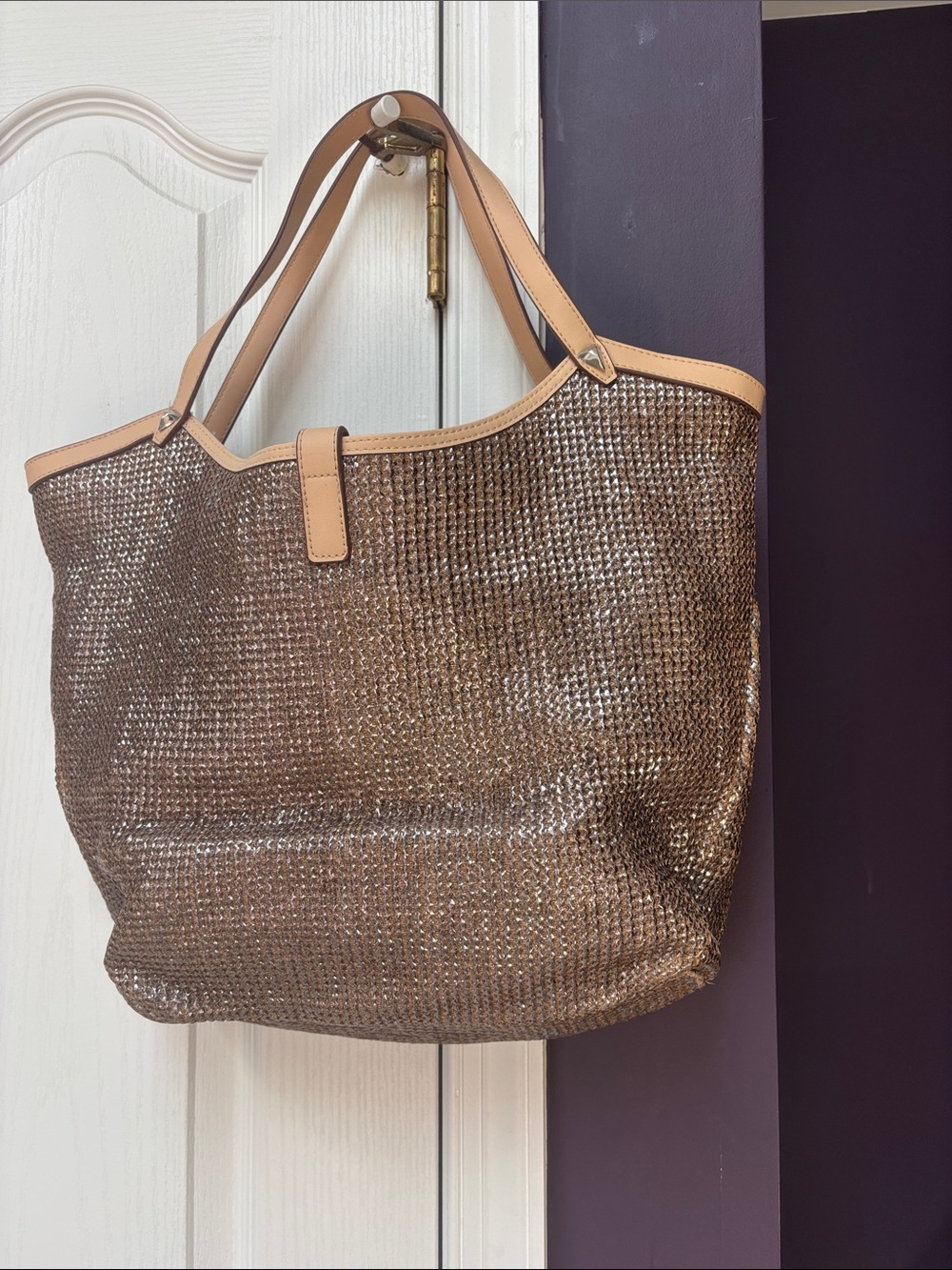 Stella and Dot Woven Metallic Tote Bag with Tan Trim